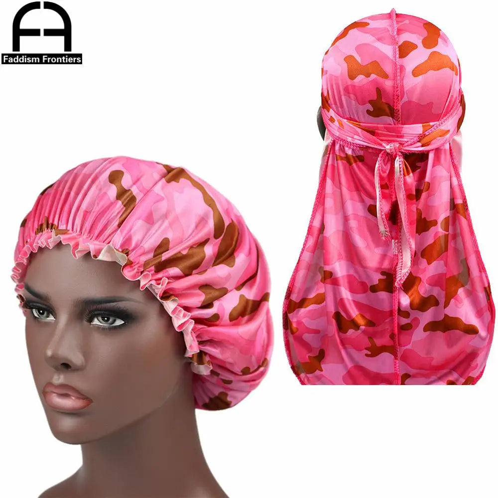 Camo Silky Durag & Bonnet Set - Ankara Print Sleeping Cap and Turban for Women