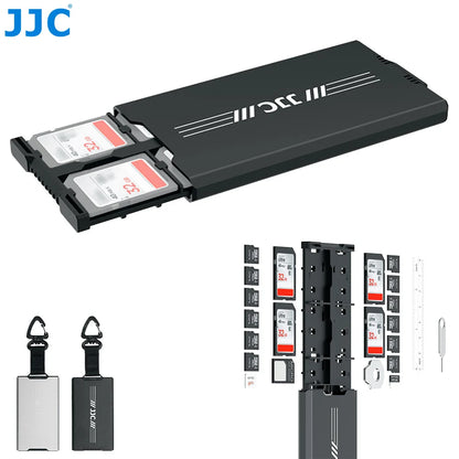 JJC 18-Slot Memory Card Case – Pop-Up SD, MicroSD, Nano SIM & NM Card Holder with Carabiner
