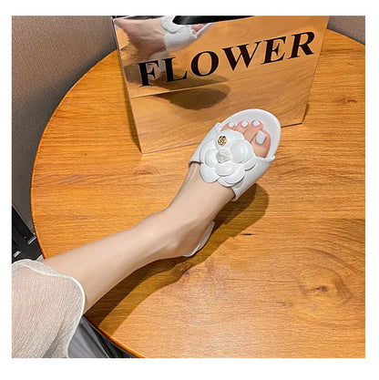 Luxury Women’s Flower Slippers — Camellia Open-Toe Slides for Home & Outdoor, Ladies Flip Flop Sandals