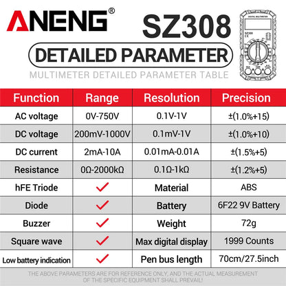 ANENG SZ308 1999-Count Multimeter — HFE Triode Tester, Square Wave Voltmeter & 10A Current Meter