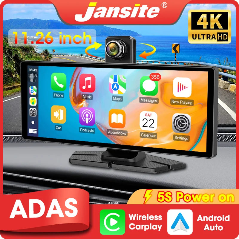 11.26” 4K ADAS Dash Cam Display – Wireless Android Auto & CarPlay Screen DVR with Dual Recording, Night Vision & FM Car System
