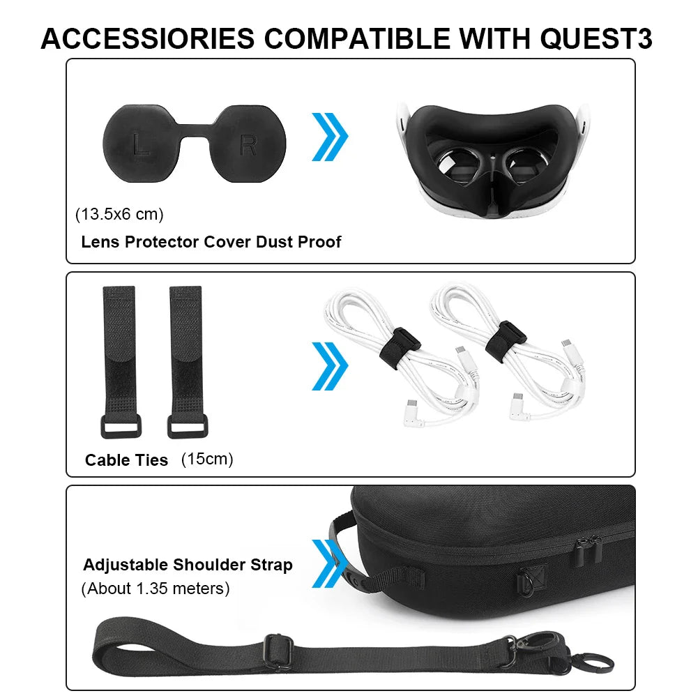 Meta Quest 3 VR Headset Hard EVA Carrying Case with Shoulder Strap – Travel Storage Bag for VR Accessories
