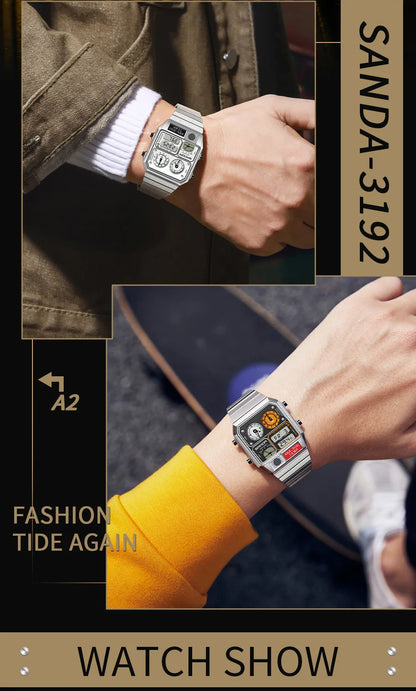 SANDA 3192 Men’s LED Square Watch — Youth Casual Multi-Function Stopwatch Thermometer Chronograph