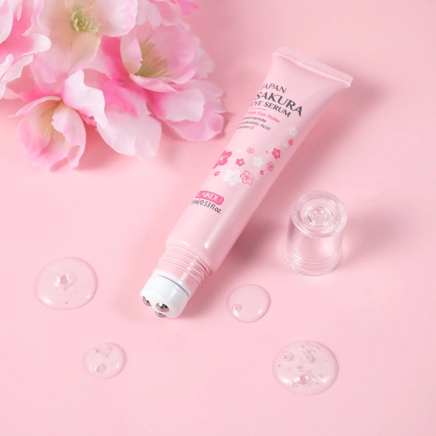 LAIKOU Sakura Eye Serum Roller — Hyaluronic Acid Moisturizing Cream for Eye Bags & Dark Circles, 15ml