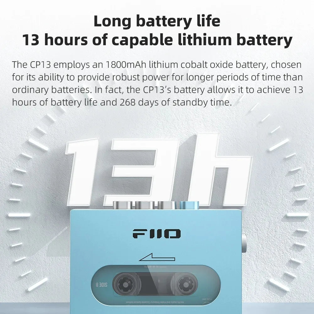 FiiO CP13 Portable Stereo Cassette Music Player – 13 Hours Battery Life, 1800mAh, Dual-Mode 4.2V Power Supply, MP3 Player