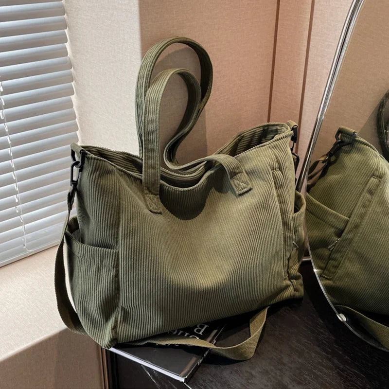 Corduroy Tote Bag - Women's Multi-Pocket Crossbody Shoulder Bag with Adjustable Strap