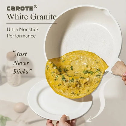 CAROTE 21 Piece White Granite Nonstick Cookware Set - Induction-Ready Pots, Pans, and Frying Pans