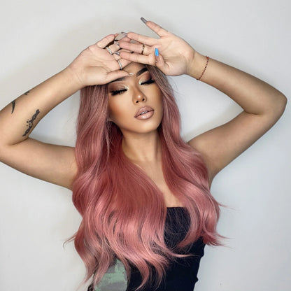Long Pink Wavy Wig for Women — Middle Part Synthetic Hair, Heat-Resistant, Natural-Looking Cosplay Wig