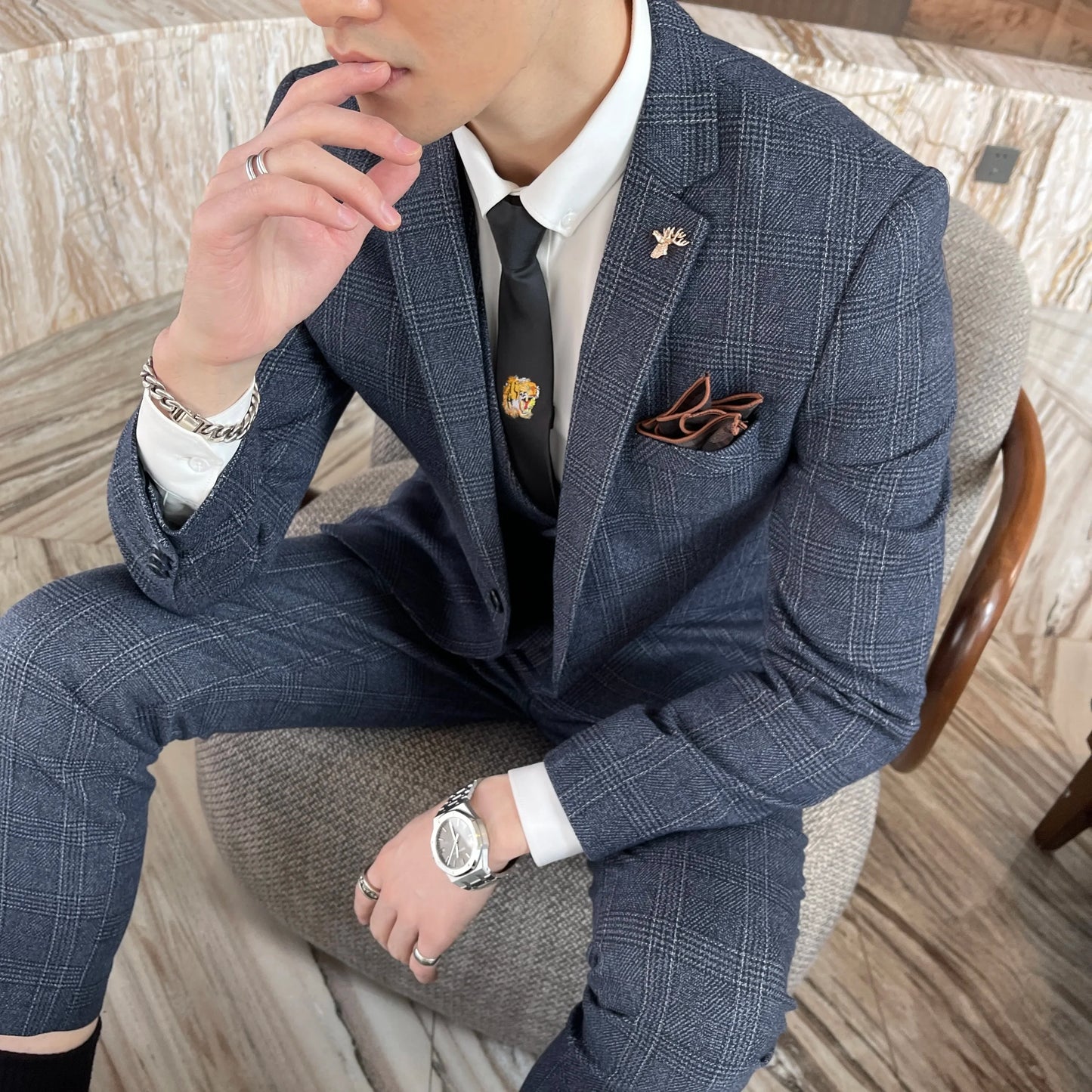 Men’s British Korean Plaid Three-Piece Suit – Stylish Business Casual Set with Blazer, Vest & Trousers