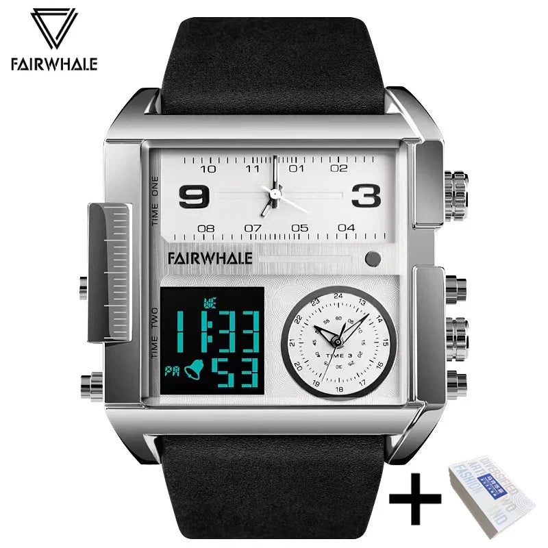 Mark Fairwhale Men’s Luxury Square Quartz Watch — Fashion Waterproof Military Leather Strap Wristwatch
