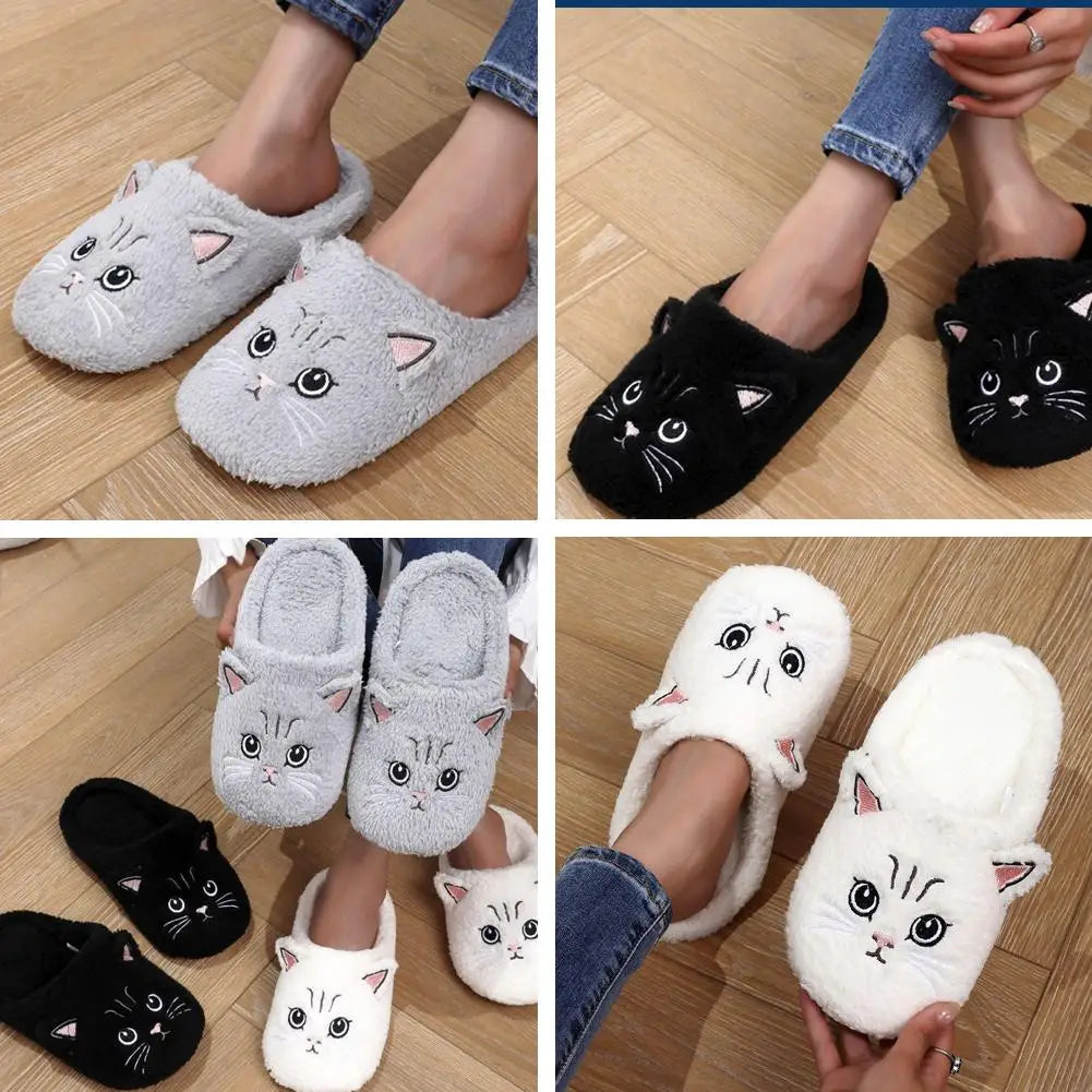Women’s Cartoon Cat Plush Slippers - Cozy Winter Indoor House Shoes with Soft Non-Slip Warm Sole