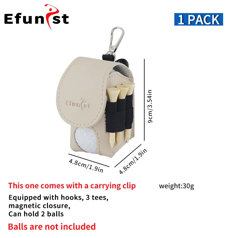 Efunist Golf Small Waist Bag with Magnetic Closure – PU Golf Ball Storage, Includes 3pcs 54mm Tees & Portable Clip Holder for Double Balls
