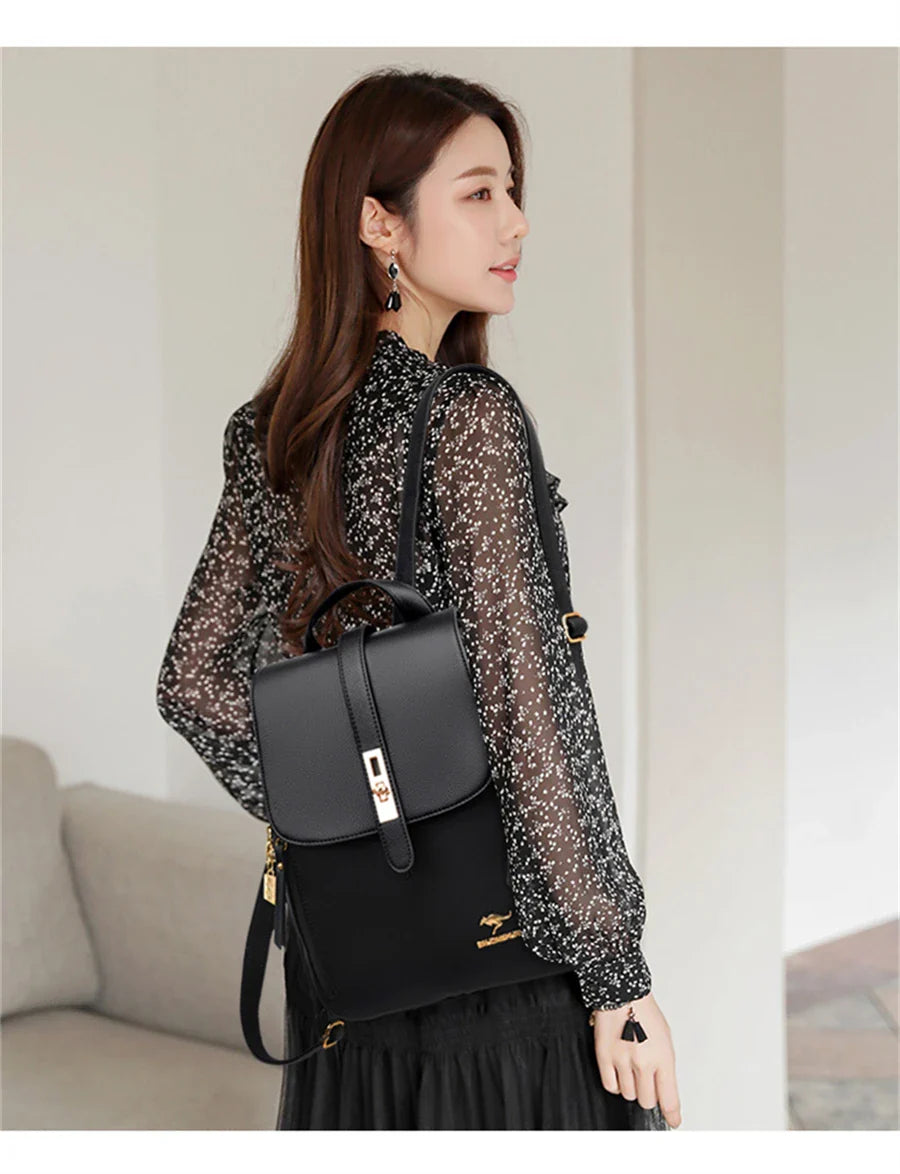 Luxury Leather Backpack for Women - Vintage Black Daypack, Casual School Bag for Girls, Mochila Rucksack Style