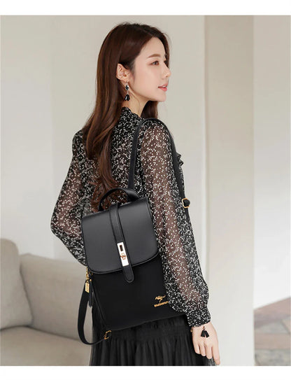 Luxury Leather Backpack for Women - Vintage Black Daypack, Casual School Bag for Girls, Mochila Rucksack Style