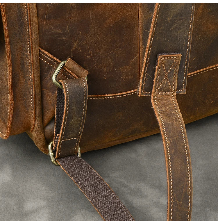 Vintage Crazy Horse Leather Backpack for Men — 17" Laptop Travel Rucksack Cowhide Hiking Bag M815