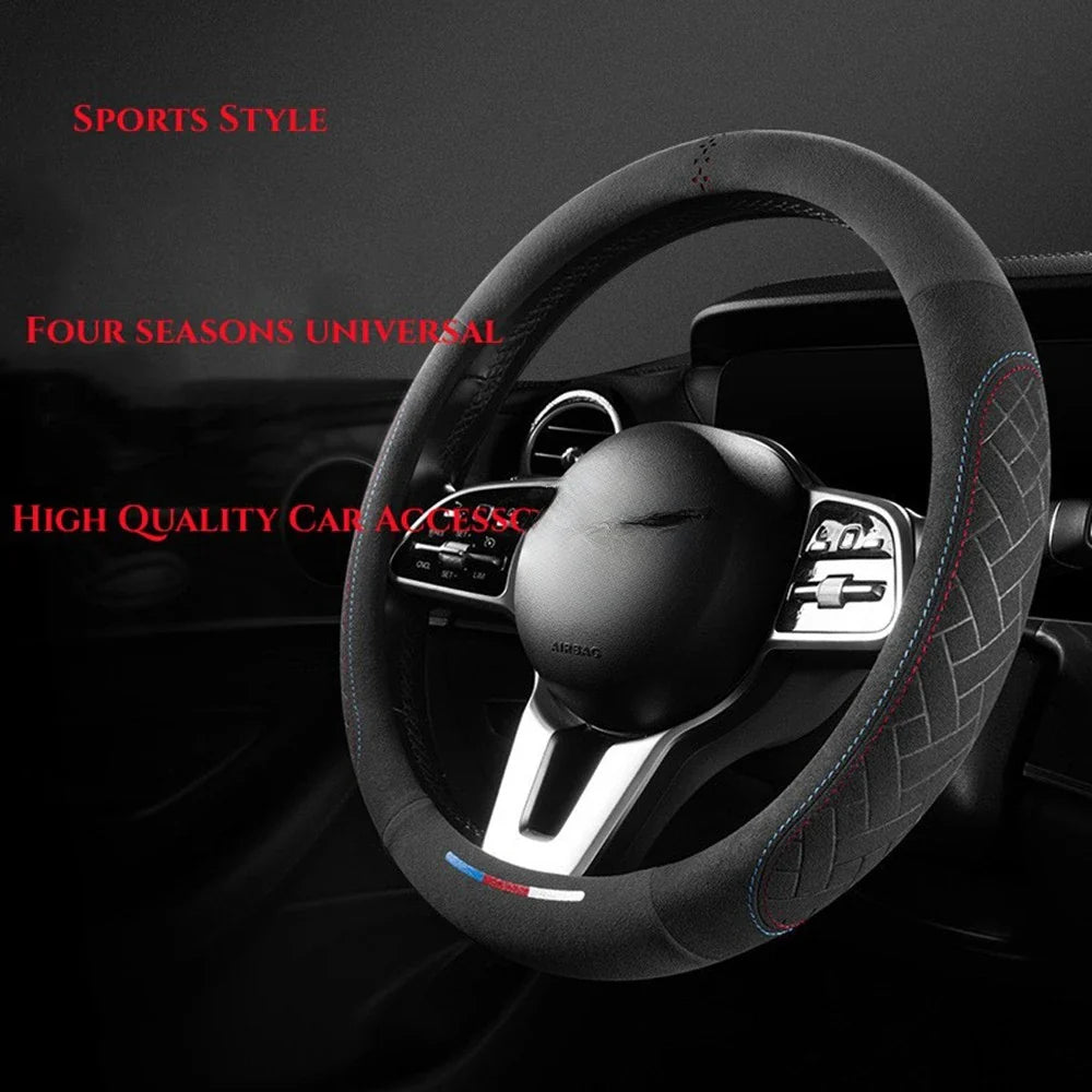 Universal Suede Leather Steering Wheel Cover – Breathable Anti-Slip Car Accessory for 37-38cm Wheels