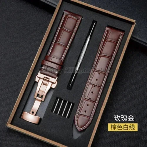 Universal Genuine Leather Watch Band 12–24mm with Butterfly Clasp – Premium Strap for Men & Women (Gift Box Included)