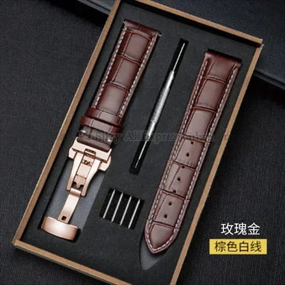 Universal Genuine Leather Watch Band 12–24mm with Butterfly Clasp – Premium Strap for Men & Women (Gift Box Included)