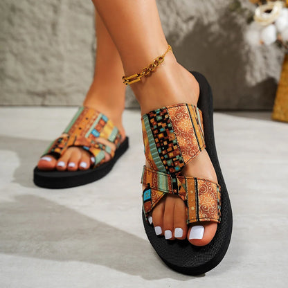 Women’s Summer Platform Sandals - Colorful Open Toe Slip-On Beach Slippers Lightweight Ethnic Style Shoes