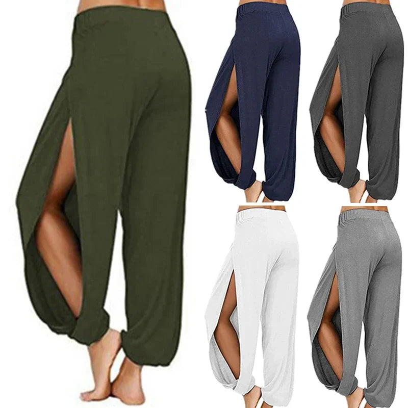 Women’s Summer High Slit Harem Pants – Loose Fit Wide Leg Yoga & Sports Trousers, Breathable Hippie Style Activewear
