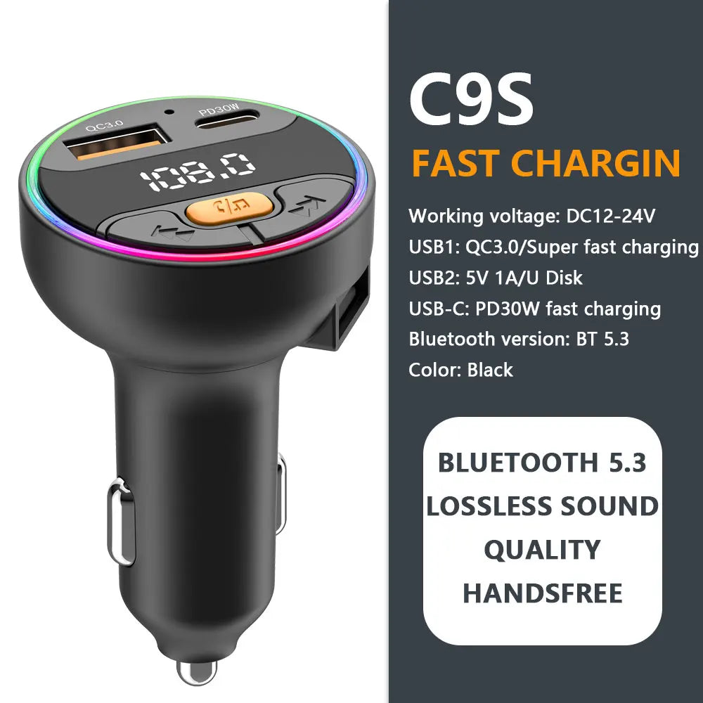 Bluetooth 5.3 Car FM Transmitter – Handsfree Wireless Audio Adapter with USB-C Fast Charging, MP3 Player & Auto Radio Modulator Car Kit for All Vehicles