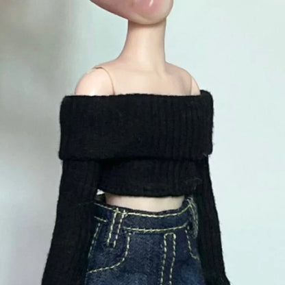 Handmade Blythe Doll Clothes – Off-Shoulder Sweater & Split Denim Long Skirt Mini Dress for 1/6 OB24 Dolls