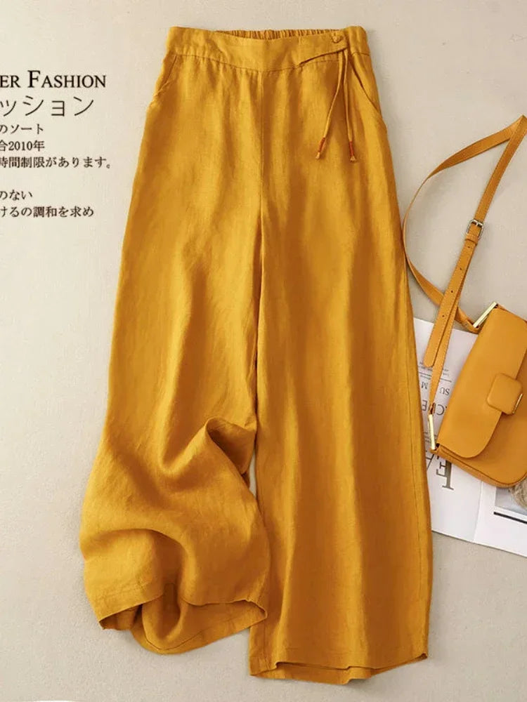 Women’s High Waist Ankle Length Pants – Loose Casual Elegant Yellow Cotton Linen Wide Leg Straight Summer Trousers