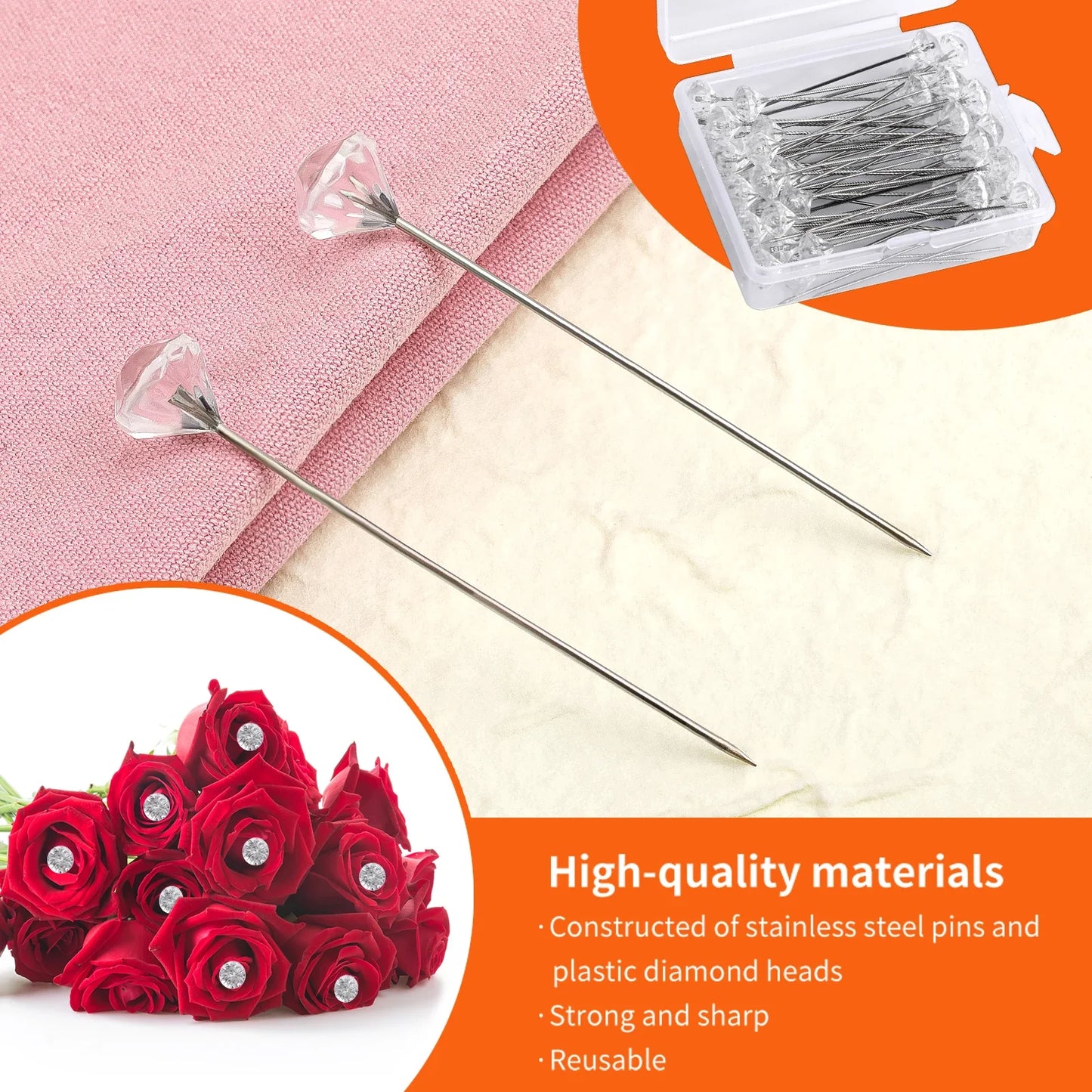 KRABALL 100pcs Diamond Bouquet Pins – Crystal Rhinestone Floral Corsage Pins for Wedding Bouquets & Bridal Decorations