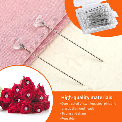 KRABALL 100pcs Diamond Bouquet Pins – Crystal Rhinestone Floral Corsage Pins for Wedding Bouquets & Bridal Decorations