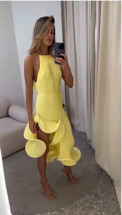 Women’s Yellow Halter Maxi Dress – Ribbed Knit, Ruffled High-Slit Slim-Fit Vestido, Spring 2026 Trendy Fashion