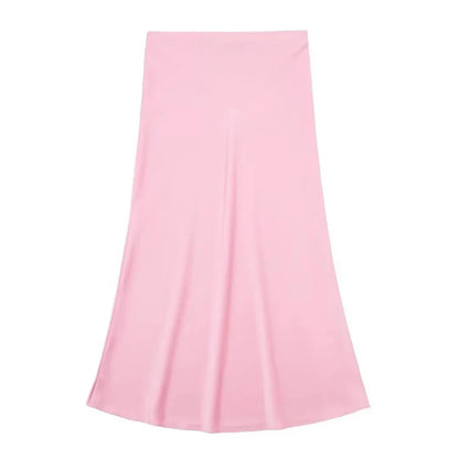 TRAFZA 2024 Y2K Women’s Long Skirt – Elastic High-Waist A-Line Satin Skirt for Spring Casual & High Street Fashion