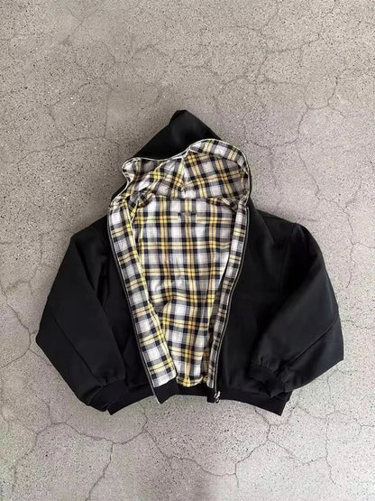 Women's Winter Plaid Hoodie - Warm Reversible Zip-Up Loose Fit Casual Sweatshirt