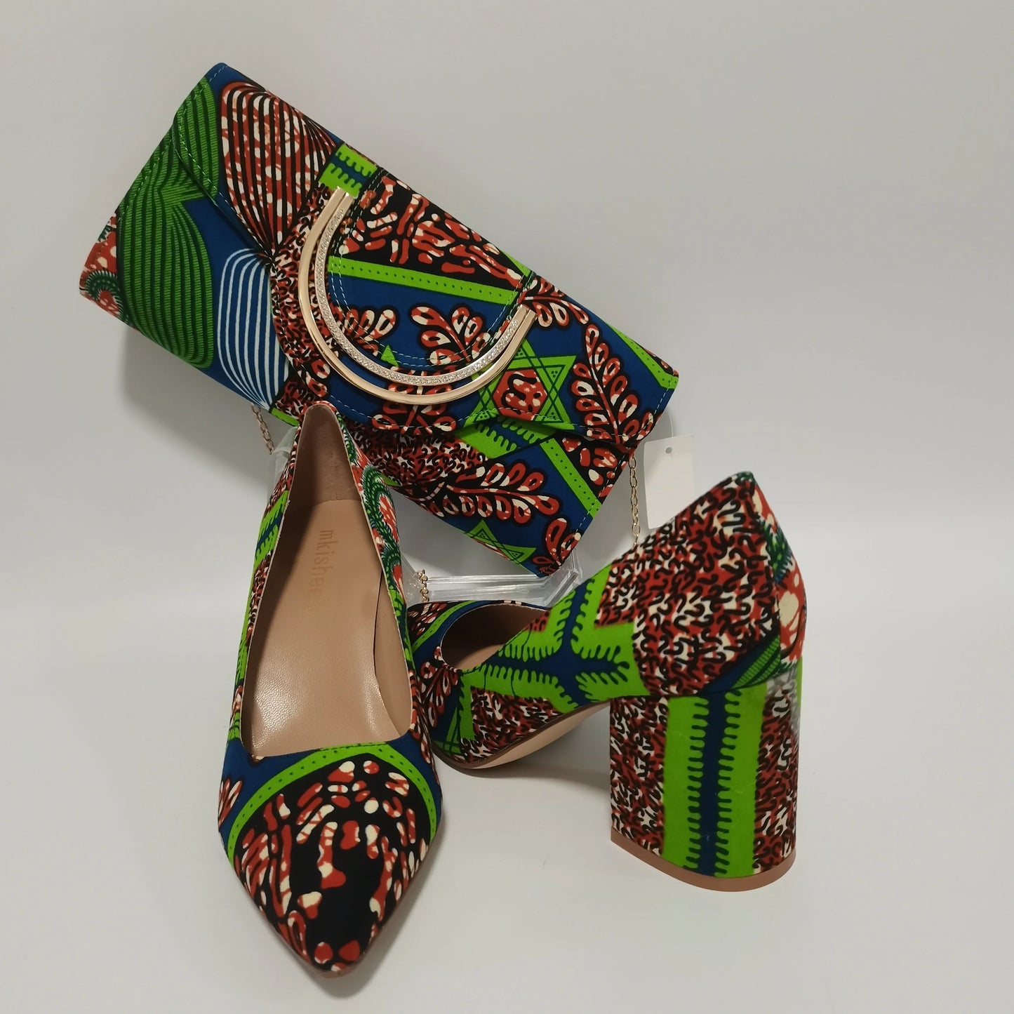 African Ankara Women’s Block Heel Shoes & Purse Set - Nigerian-Inspired Pointed Toe Fashion Accessories