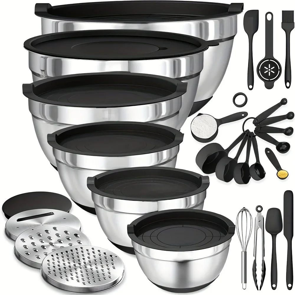 17pcs Stainless Steel Mixing Bowl Set with Lids and Grater Attachment – Non-Slip Kitchen Gadget for Mixing and Serving