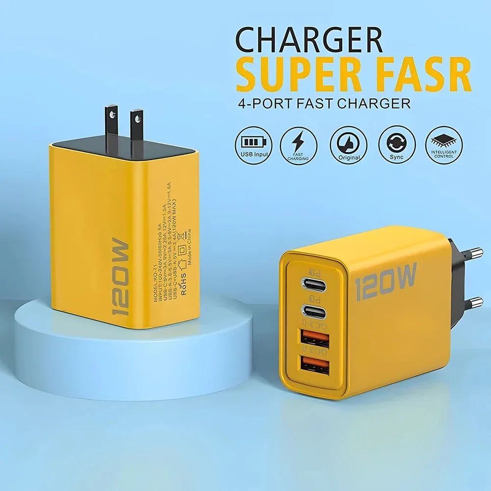 120W 4-Port USB Type-C Fast Charger – Quick Charge Adapter for iPhone, Samsung, Xiaomi