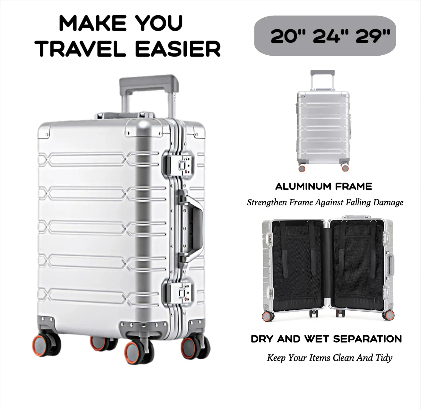 2024 Large Capacity Luggage Sets - Durable Aluminum Suitcase for Women - Carry-On Boarding Travel Options 20/24/29 Inch