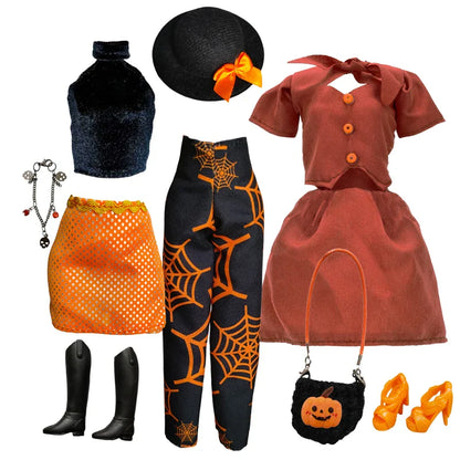 1/6 Doll Halloween Cosplay Outfit – Witch Dress, Cap, Belt, Bag & Broom for 12" BJD / 30cm Dolls
