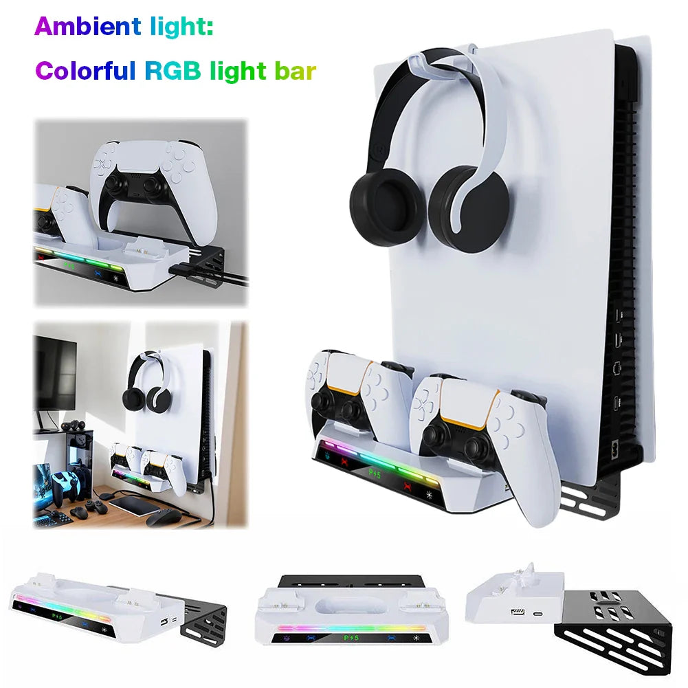 PS5/PS5 Slim Wall Mount Kit with Dual Controller Charging Station - Headset Holder for PlayStation 5 Accessories
