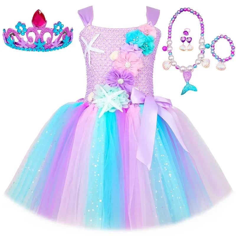 Princess Mermaid Dress for Girls - Pastel Floral Tutu Party & Halloween Costume Dress