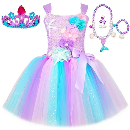 Princess Mermaid Dress for Girls - Pastel Floral Tutu Party & Halloween Costume Dress