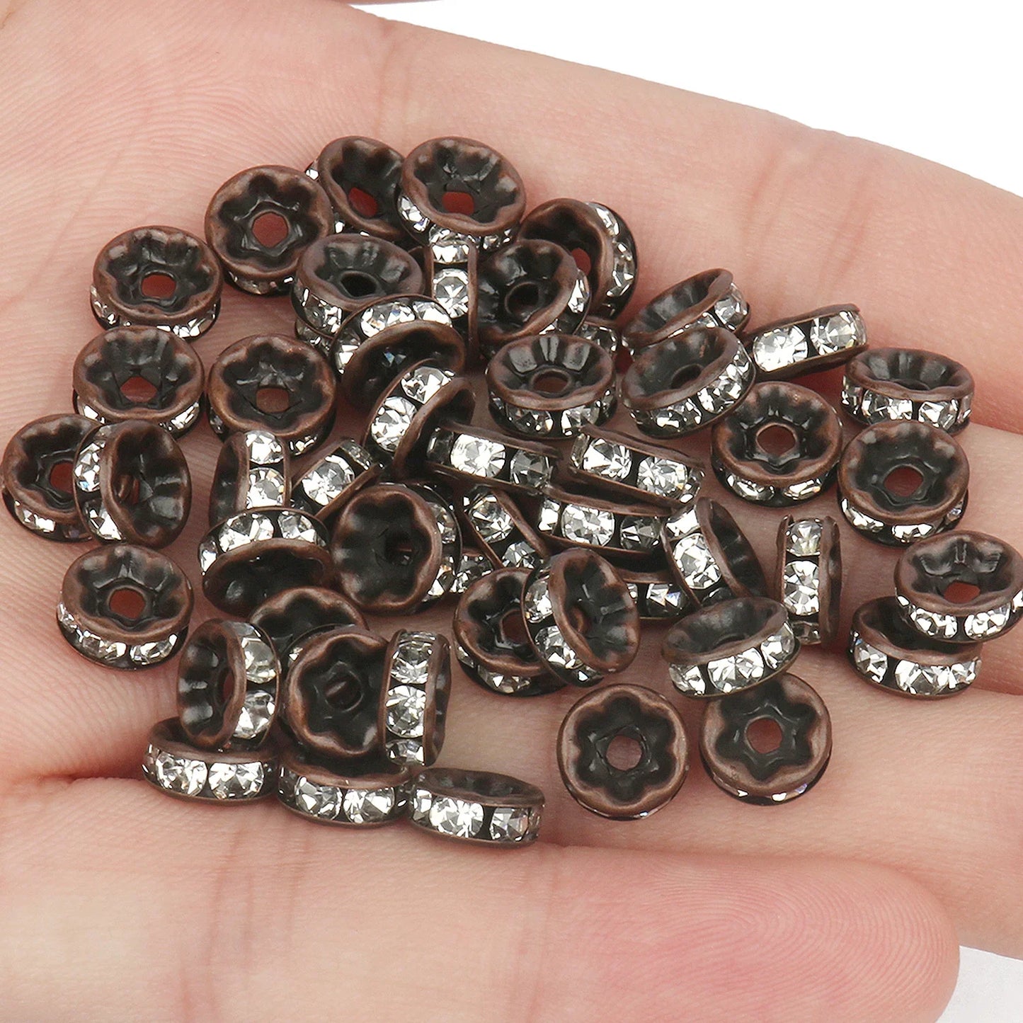 50PCS Rhinestone Spacer Beads Set – Multi-Color Crystal Rondelle Metal Beads for DIY Jewelry & Bracelet Making