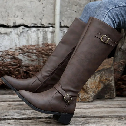 Women’s Winter High-Top Knight Boots – Side Zipper & Belt Buckle, Pointed Toe, PU Material with Cotton Lining