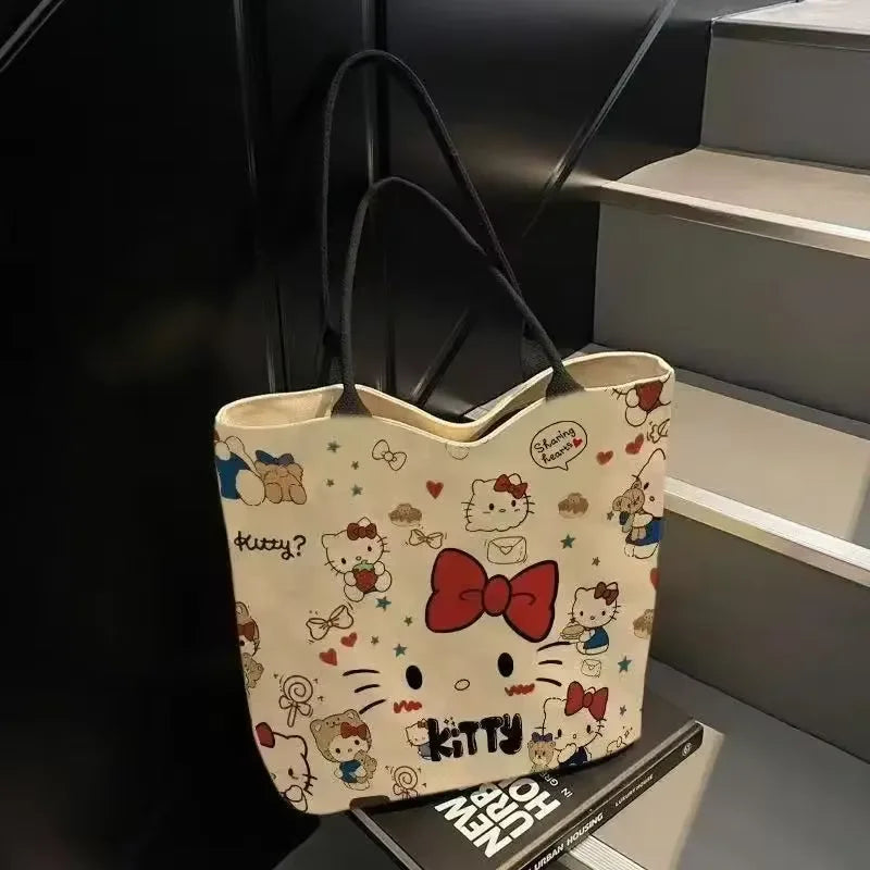 Kawaii Sanrio Hello Kitty Canvas Shoulder Bag – Large Capacity Cute Backpack Schoolbag Handbag Gift for Girls Birthday & Daily Use