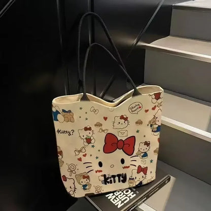 Kawaii Sanrio Hello Kitty Canvas Shoulder Bag – Large Capacity Cute Backpack Schoolbag Handbag Gift for Girls Birthday & Daily Use