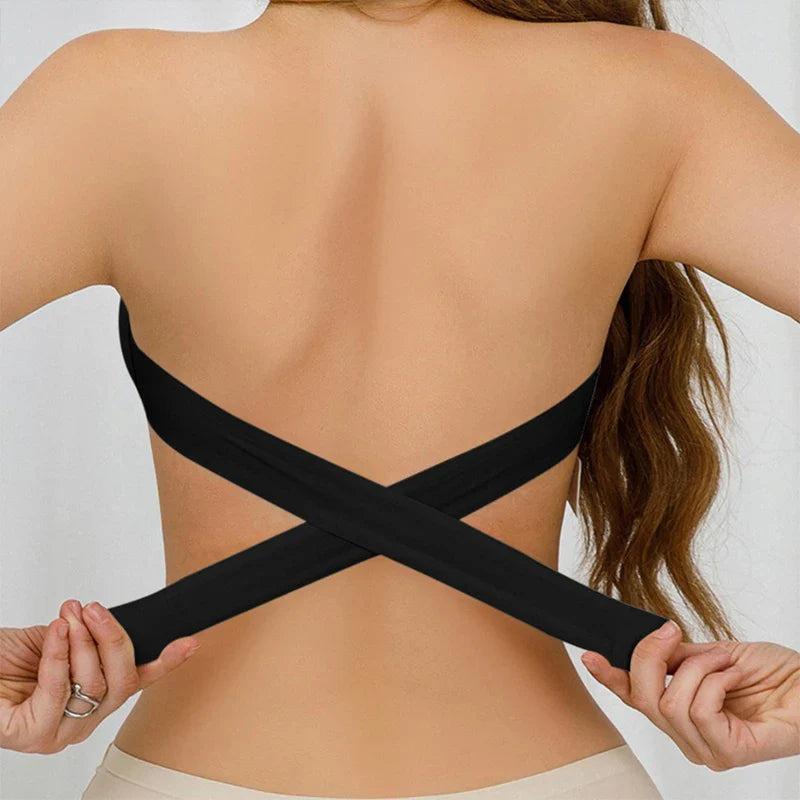 Women’s Strapless Push Up Bra – Seamless Ice Silk Removable Padded Invisible Anti-Slip Beauty Back Off Shoulder Bralette