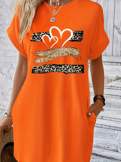 Women’s Heart Print Knit T-Shirt Dress - Casual Short Sleeve Crew Neck Top with Colorful Flag Design