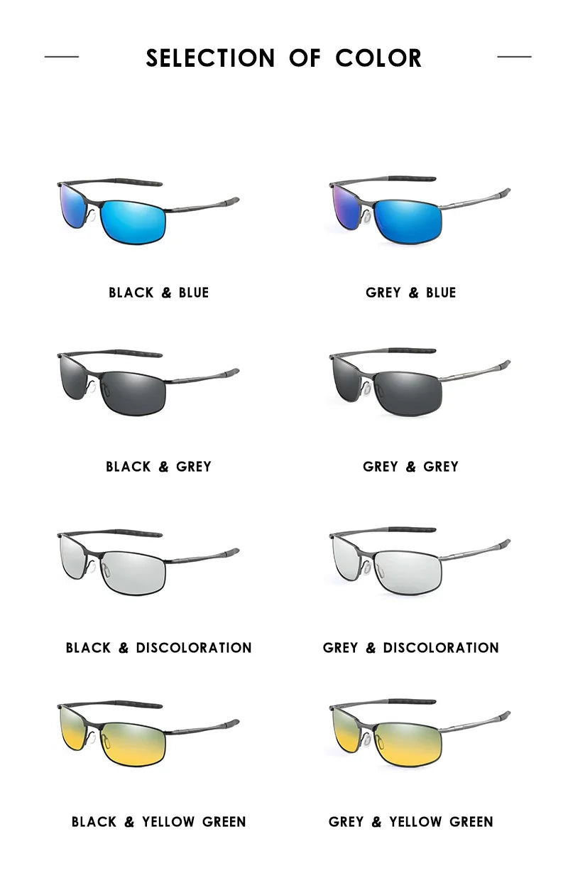 Photochromic Men’s Polarized Sunglasses – Metal Square Frame, UV400 Protection for Driving, Sports & Cycling