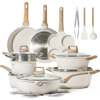 CAROTE 21 Piece White Granite Nonstick Cookware Set - Induction-Ready Pots, Pans, and Frying Pans