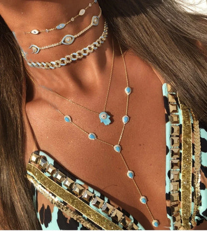 2023 Gold Plated Y Lariat Necklace - Colorful CZ Teardrop Pendant Geometric Jewelry for Women