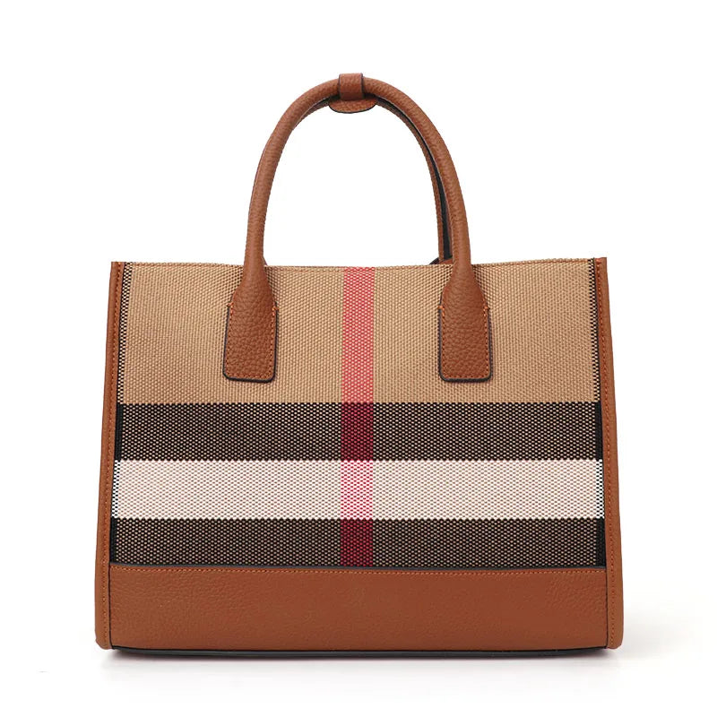 Aidrani Women’s Plaid Canvas Handbag – Classic Large Capacity Cowhide Single Shoulder Crossbody Bag